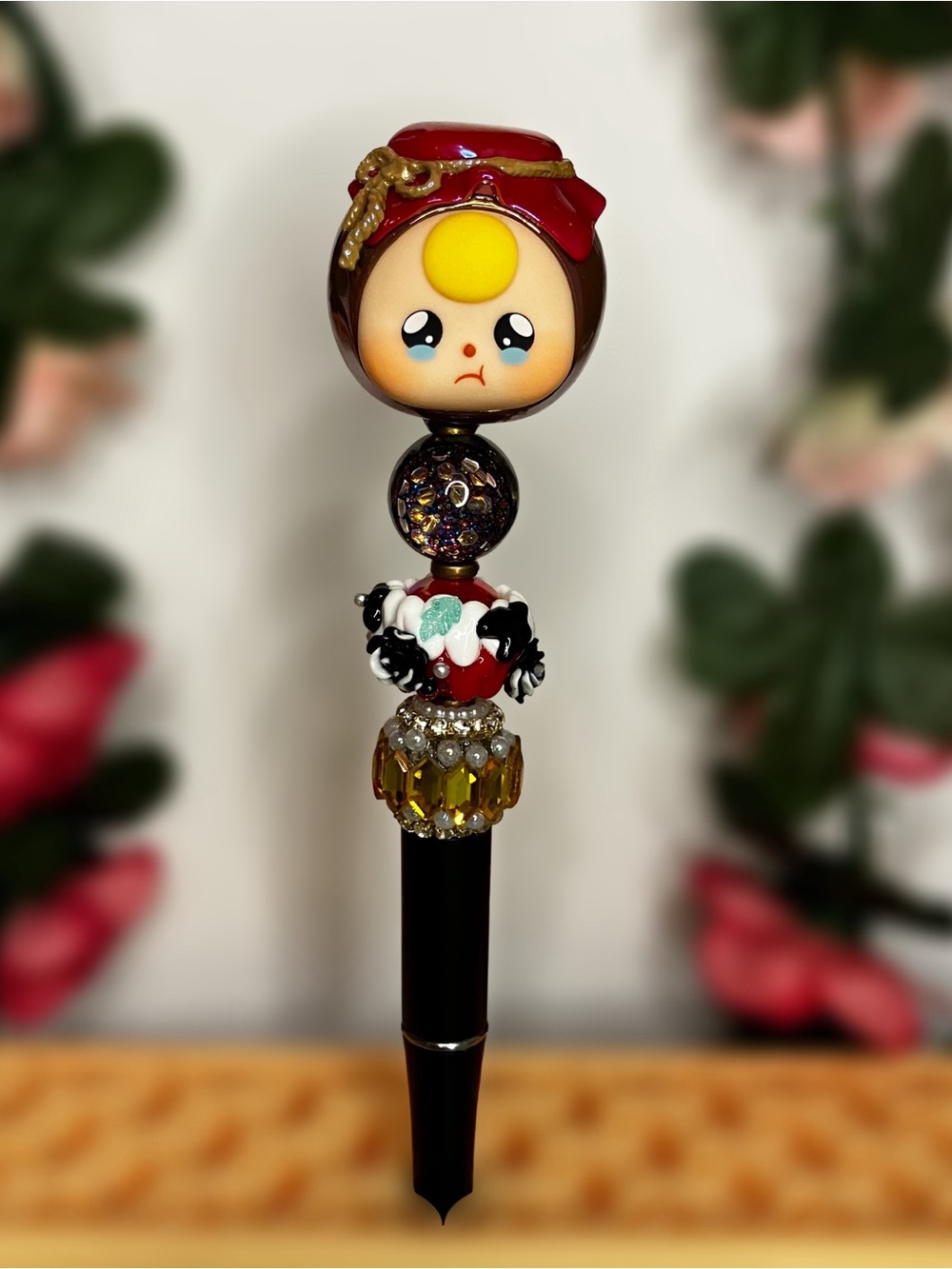 Handmade Beaded Pen with Adorable Baby Three Upcycled Topper